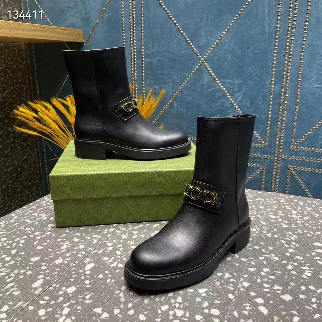 Gucci Women GG Gucci Boot Black Leather Rubber Sole Mid 8.9 CM Heel