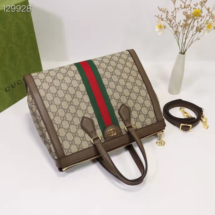 Gucci Unisex Ophidia GG Medium Tote Bag Beige Ebony GG Supreme Canvas