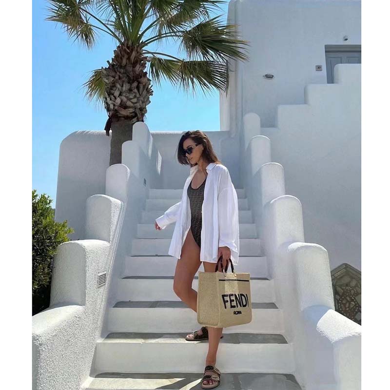 Fendi Women Sunshine Medium Beige Black Straw Shopper