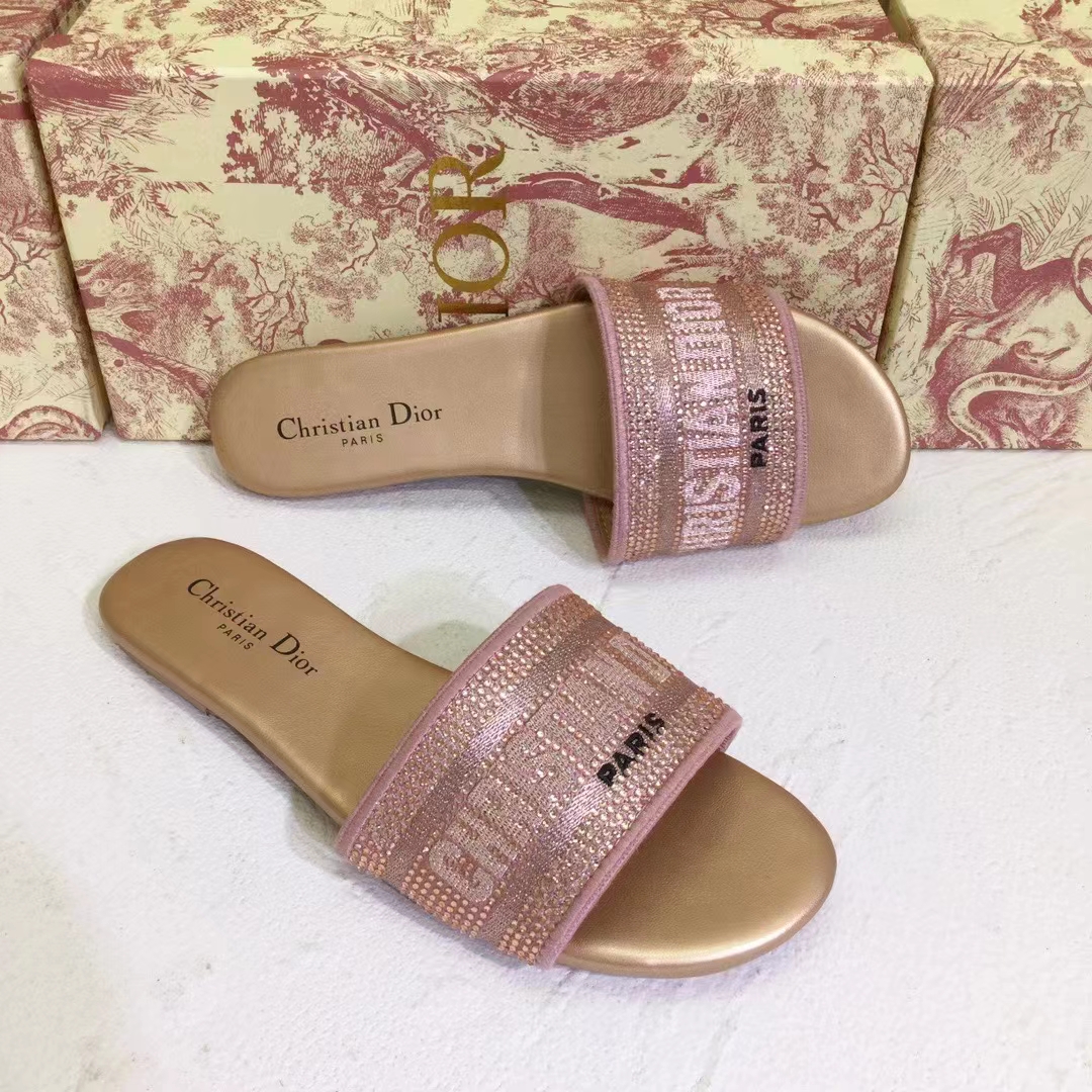 Dior Women CD Shoes Dway Slide Rose Des Vents Cotton Embroidered Metallic Thread Strass
