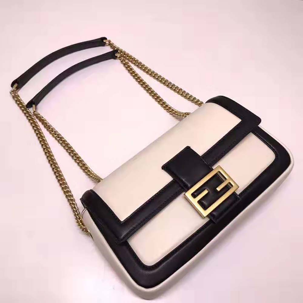 Fendi Women Baguette Chain Black and White Nappa Leather Bag