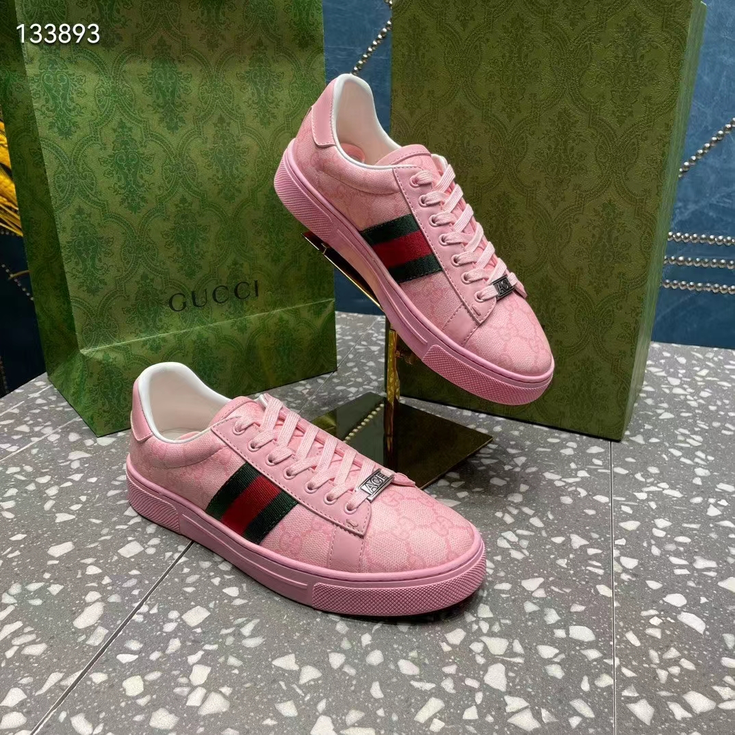 Gucci Women GG Ace Sneaker Web Pink GG Crystal Canvas Rubber Low-Heel
