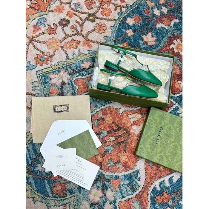 Gucci Women GG Double G Ballet Flat Light Green Leather Square Toe 1.5 CM Heel