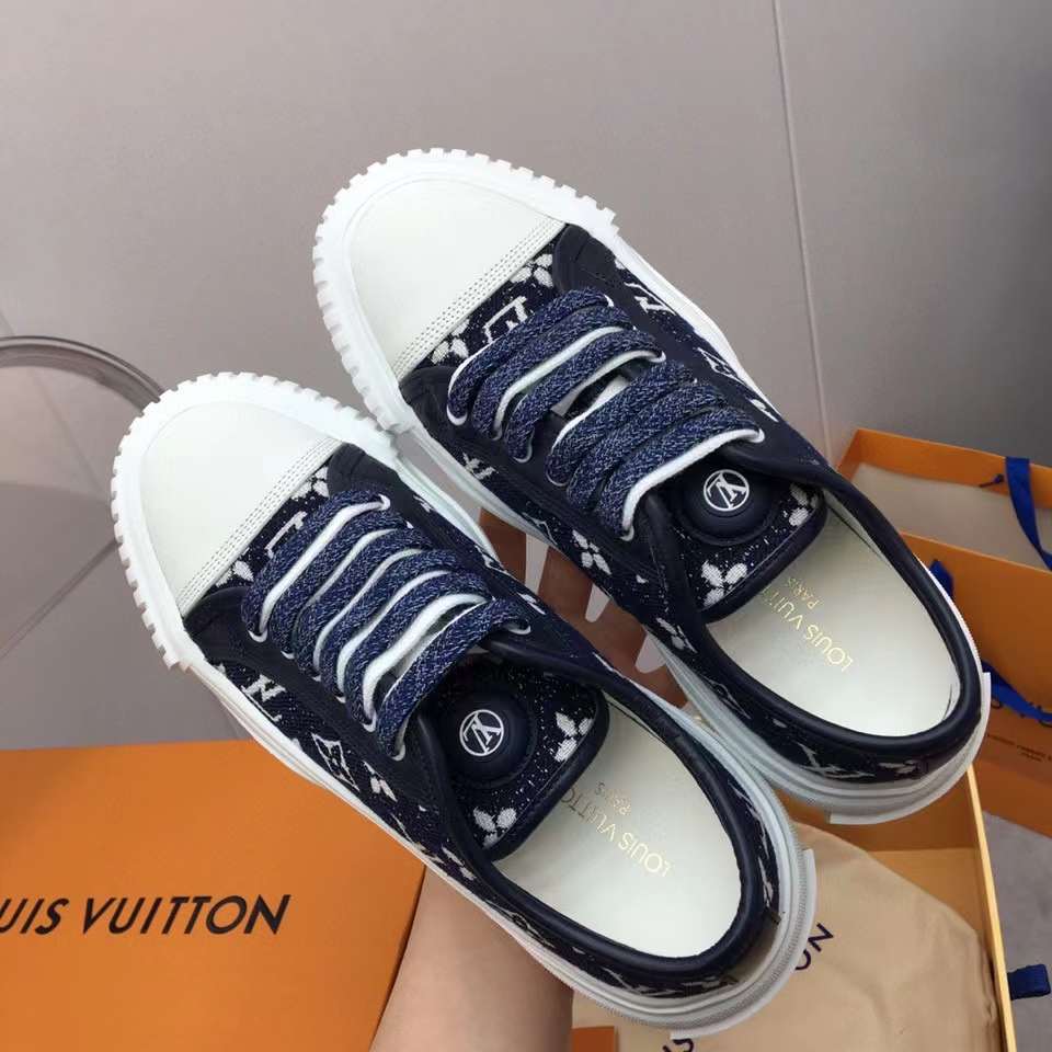 Louis Vuitton Unisex LV Squad Sneaker Navy Blue Monogram Denim Rubber Outsole Circle