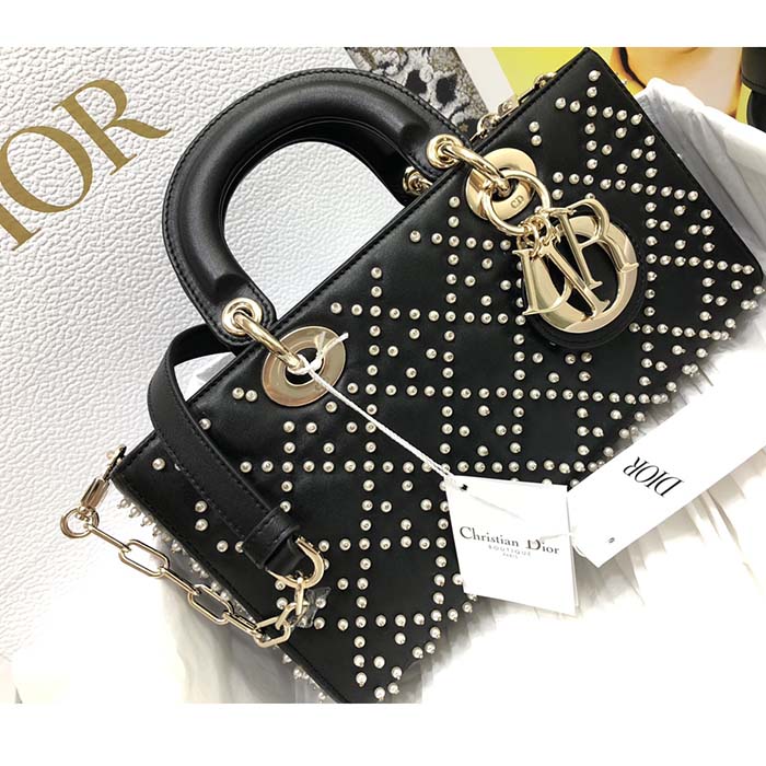 Dior Women CD Small Lady D-Joy Bag Black Crinkle-Effect Lambskin White Resin Half-Pearl Cannage