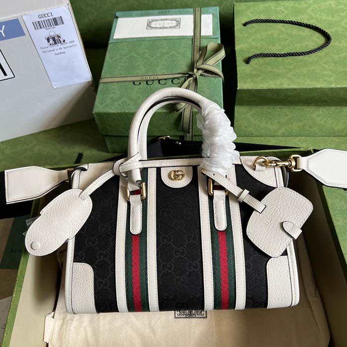 Gucci Unsiex GG Bauletto Small Top Handle Bag Black White Original GG Canvas