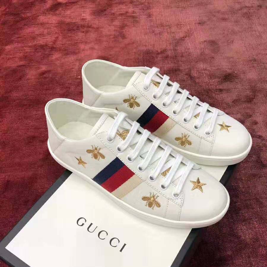 Gucci Women’s Ace Embroidered Sneaker in White Leather with Bees and Stars
