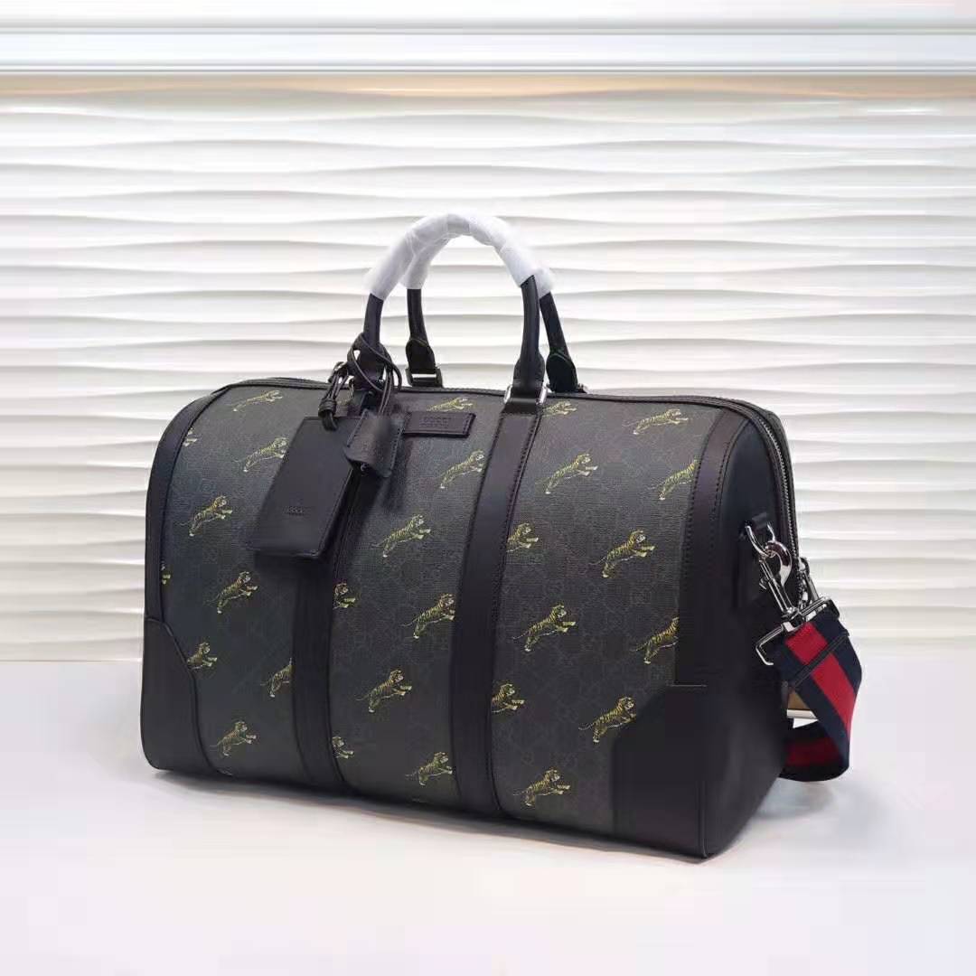 Gucci GG Men Gucci Bestiary Carry-On Duffle with Tigers in Black/Grey Soft GG Supreme