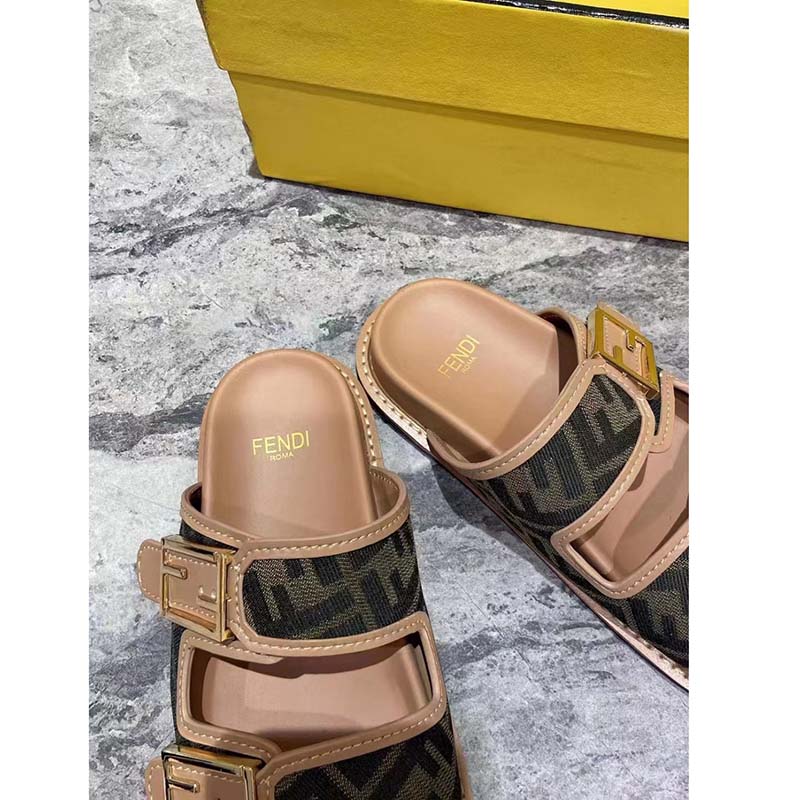 Fendi Women FF Fendi Feel Brown FF Fabric Slides 0.5 Cm Heel