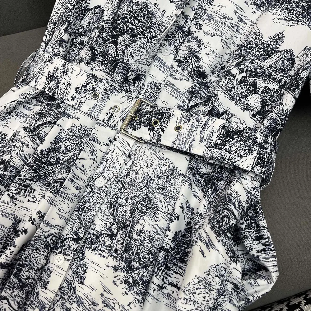 Dior Women Mid-Length Shirtdress White Cotton and Silk Poplin with Blue Toile de Jouy Scotland Motif