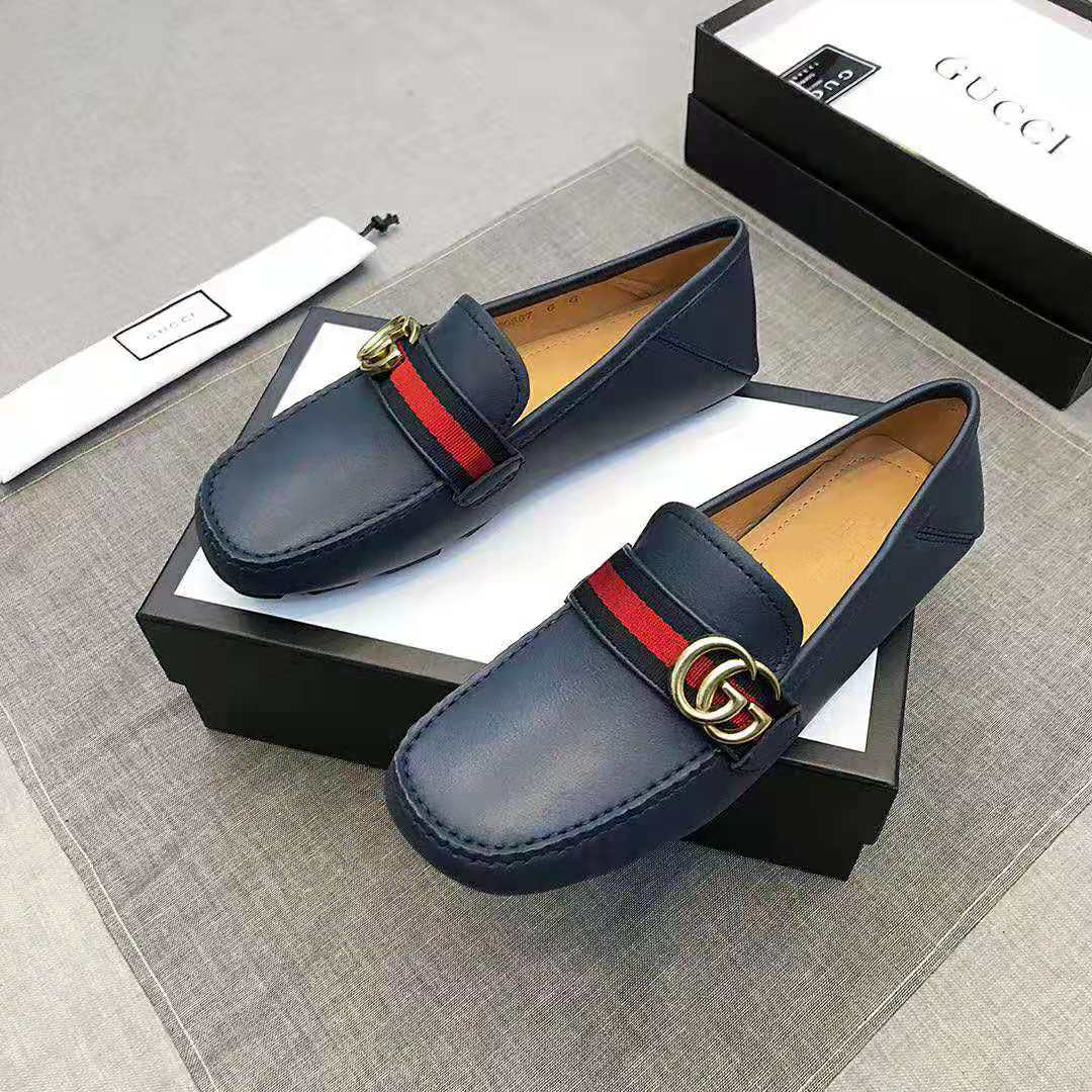 Gucci Men Leather Driver with Web-Navy