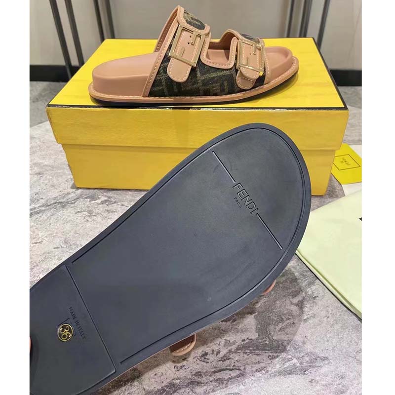 Fendi Women FF Fendi Feel Brown FF Fabric Slides 0.5 Cm Heel
