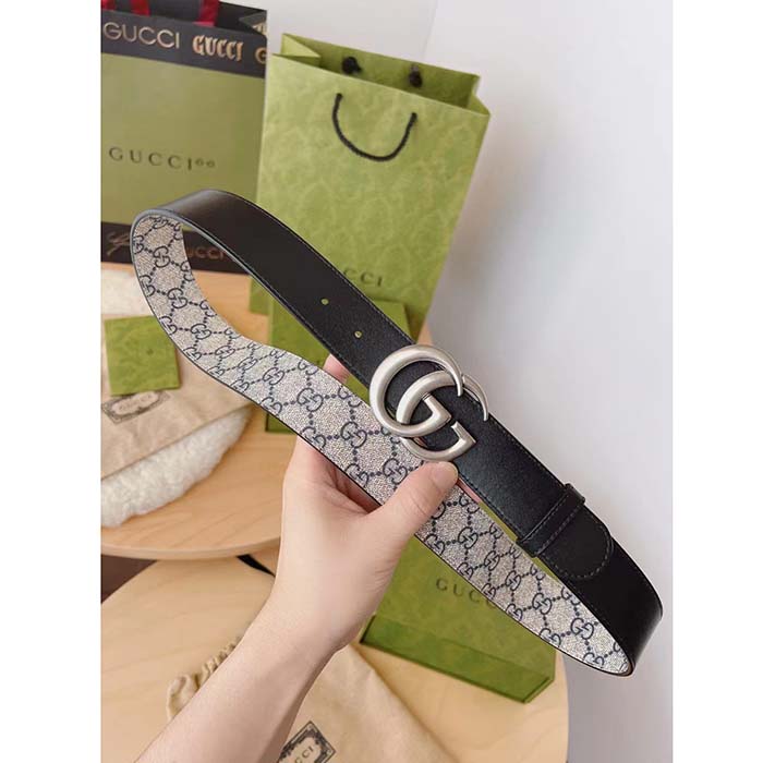 Gucci Unisex GG Marmont Reversible Belt Beige Blue GG Supreme Canvas Double G Buckle