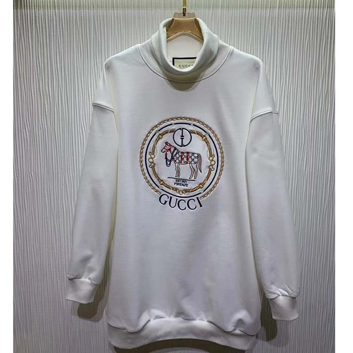 Gucci GG Women Jersey Sweatshirt Embroidery White Cotton Turtleneck Dropped Shoulder