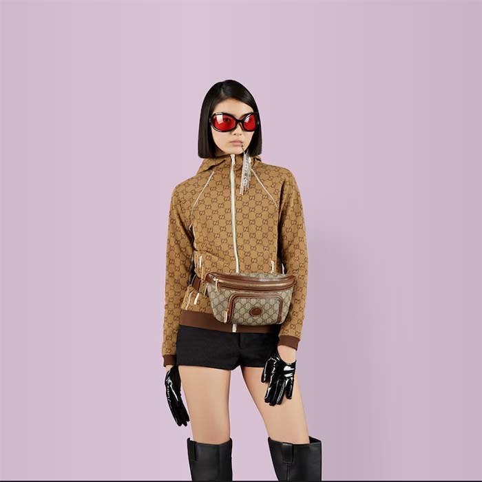 Gucci Unisex GG Large Belt Bag Beige Ebony GG Supreme Canvas Oval Interlocking G Leather