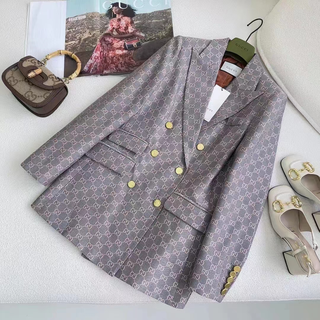 Gucci Women GG Cotton Canvas Jacket Grey Pink Lined Point Revers Double Breasted Fitted Waist