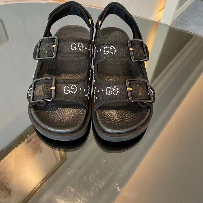 Gucci Women GG Sandal Crystals Black Mesh Tonal Suede Rubber Sole Flat