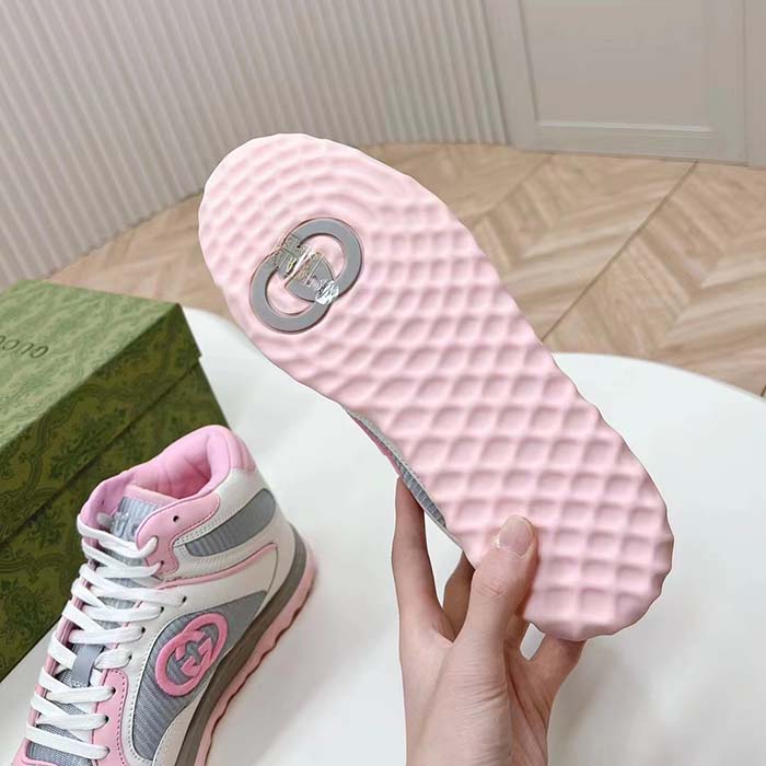 Gucci Unisex Mac80 High Top Sneaker Off White Pink Leather Round Toe Rubber Sole Flat