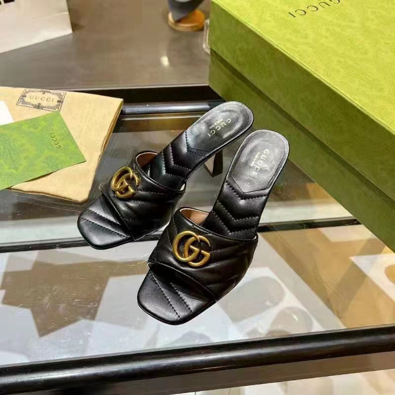 Gucci Women GG Double G Slide Sandal Black Chevron Matelassé Leather 7.6 cm Heel