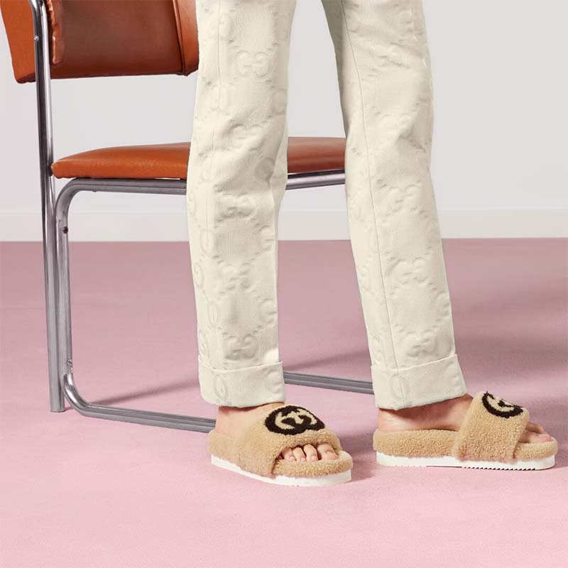 Gucci Unisex Slide Sandal Interlocking G Light Brown Merino Wool Flat