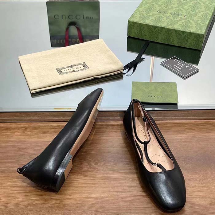 Gucci Women GG Ballet Flat Double G Black Leather Sole Flat 1 Cm Heel