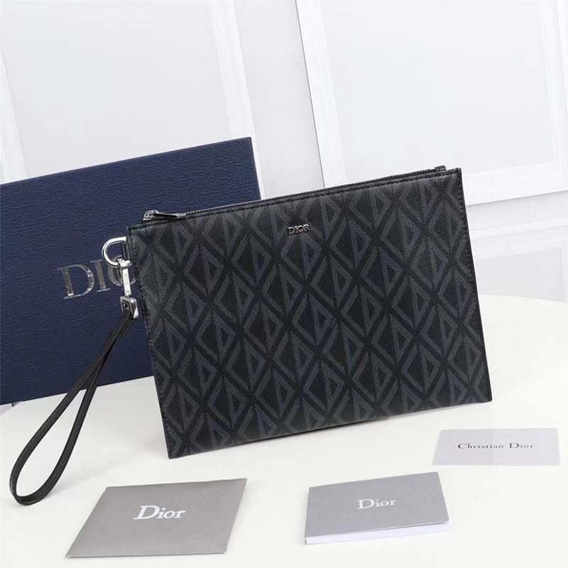 Dior Unisex A5 Pouch Black CD Diamond Canvas Smooth Calfskin