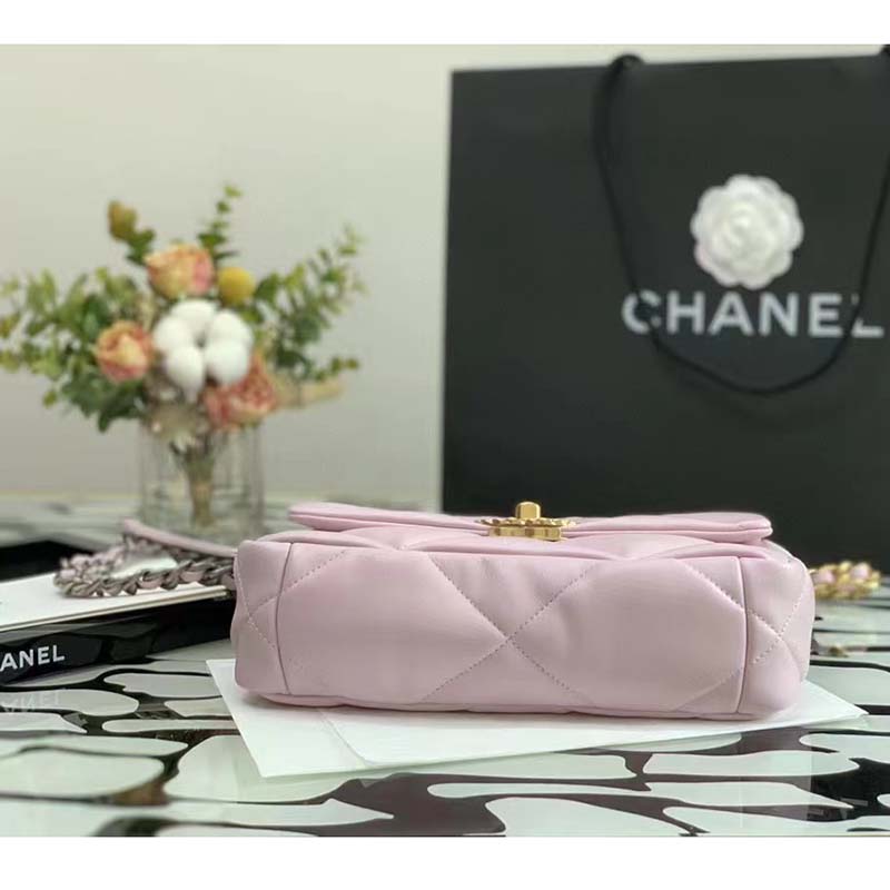 Chanel Women Chanel 19 Flap Bag Pink Lambskin Gold Silver-Tone Ruthenium-Finish Metal