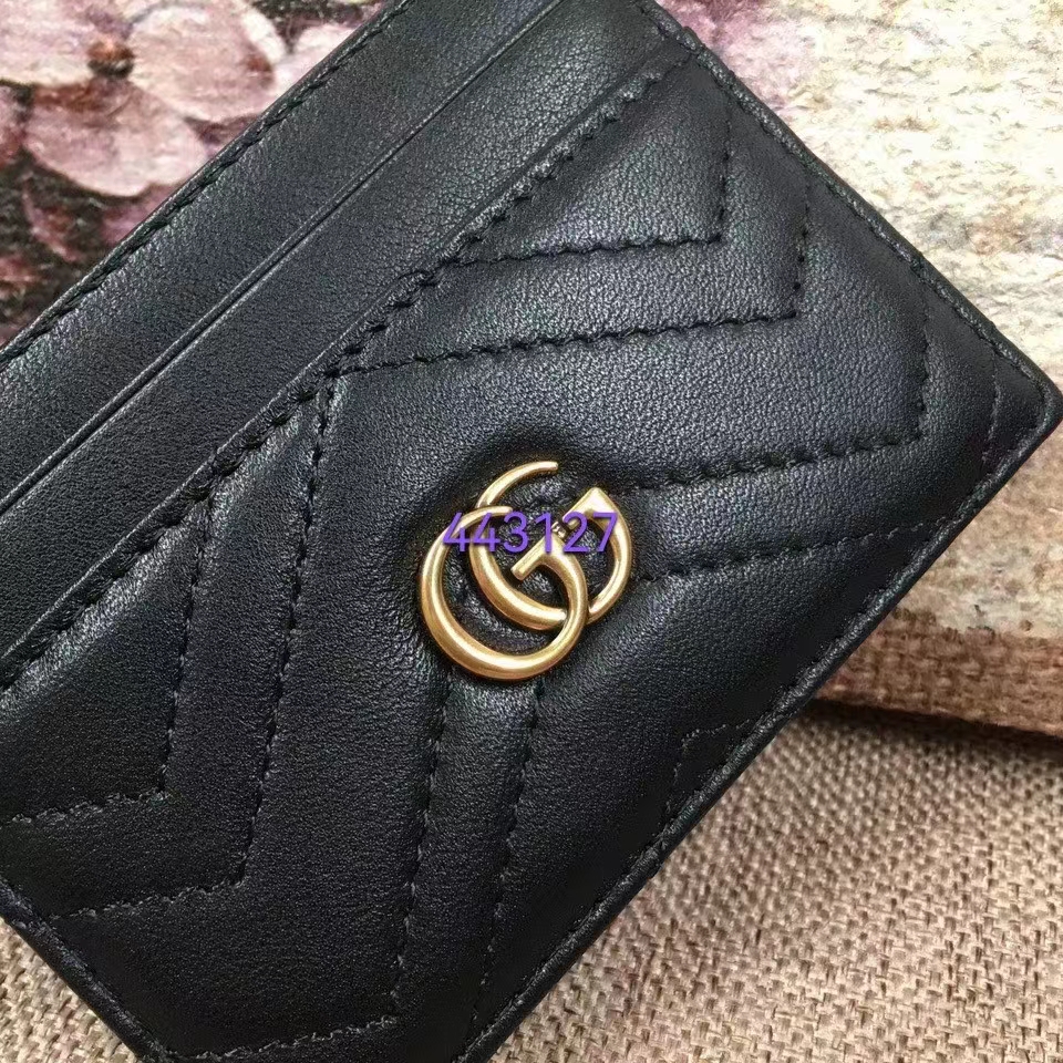Gucci Unisex GG Marmont Card Case Black Matelassé Chevron Leather Double G