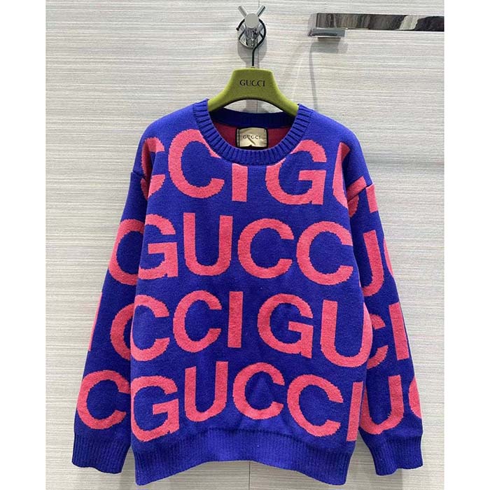 Gucci Women GG Wool Sweater Gucci Intarsia Blue Crewneck Dropped Shoulder