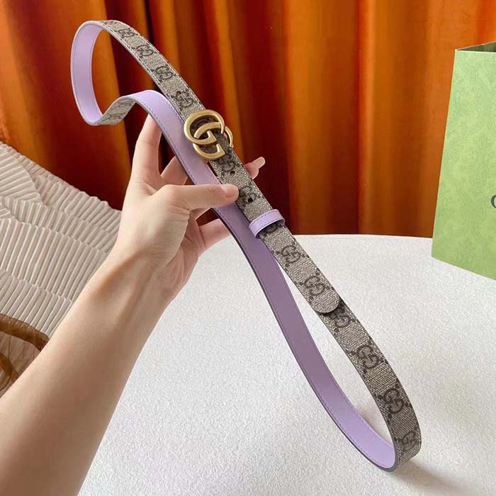 Gucci Unisex Marmont Reversible Thin Belt Beige Ebony GG Supreme Canvas Purple Leather
