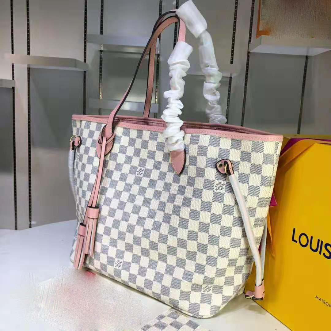 Louis Vuitton LV Women Neverfull MM Tote Bag in Damier Azur Canvas-Pink