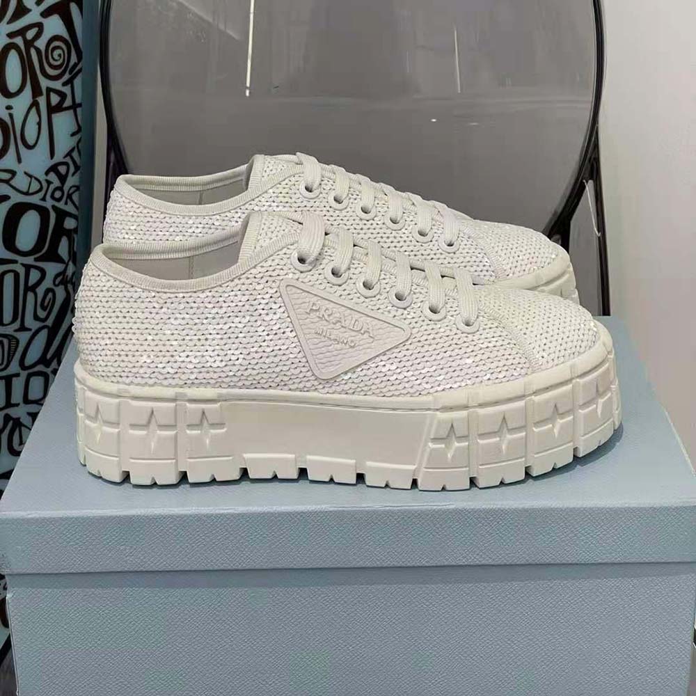 Prada Women Double Wheel Sequin Sneakers-White