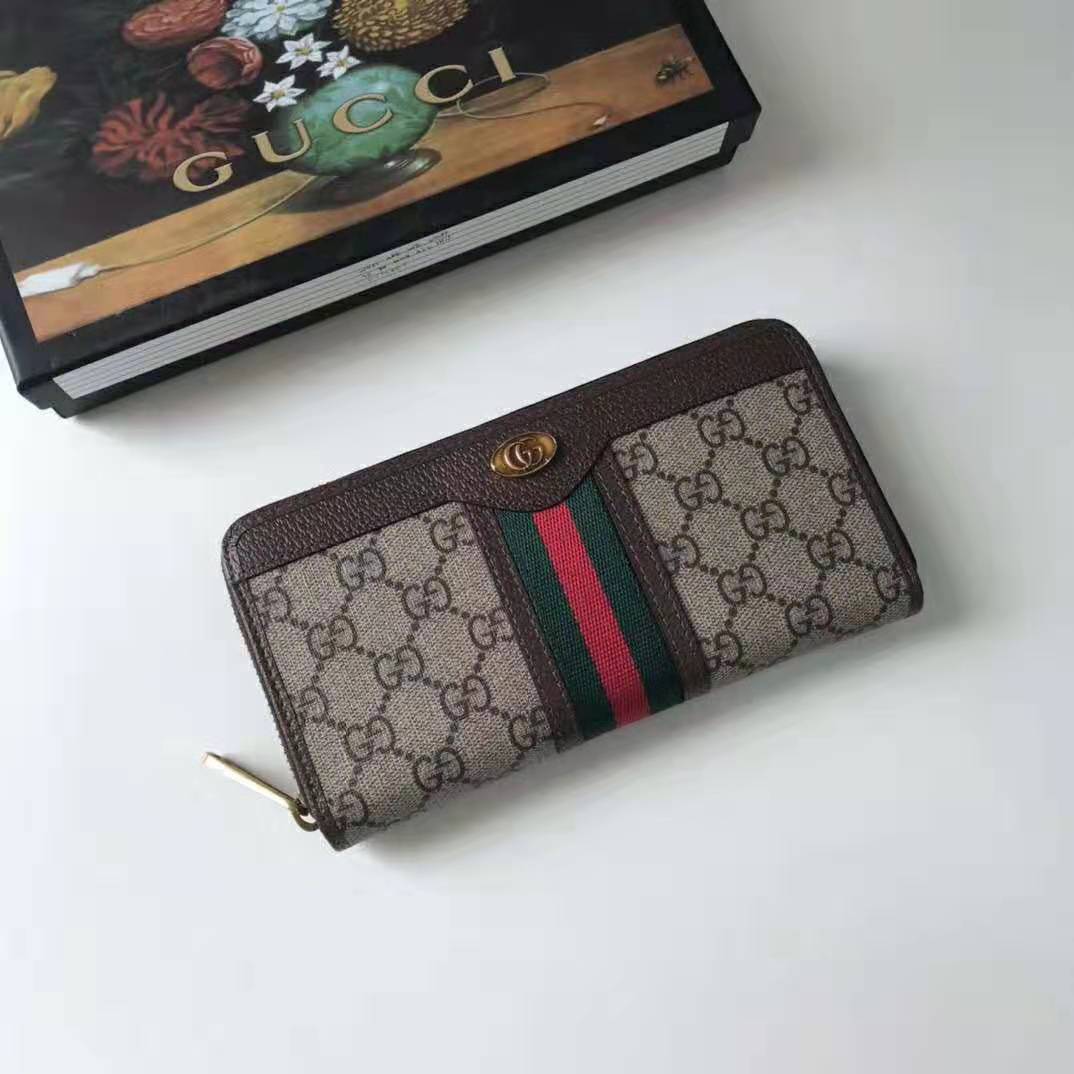 Gucci GG Unisex Ophidia GG Zip Around Wallet in Beige/Ebony GG Supreme Canvas
