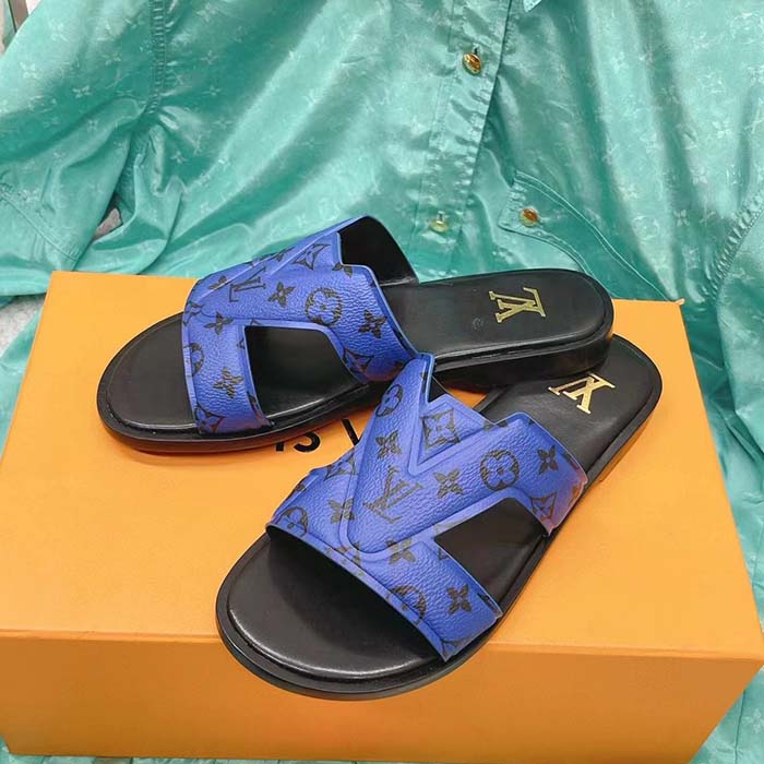 Louis Vuitton LV Unisex Oasis Mule Blue Monogram Grained Calf Leather Rubber