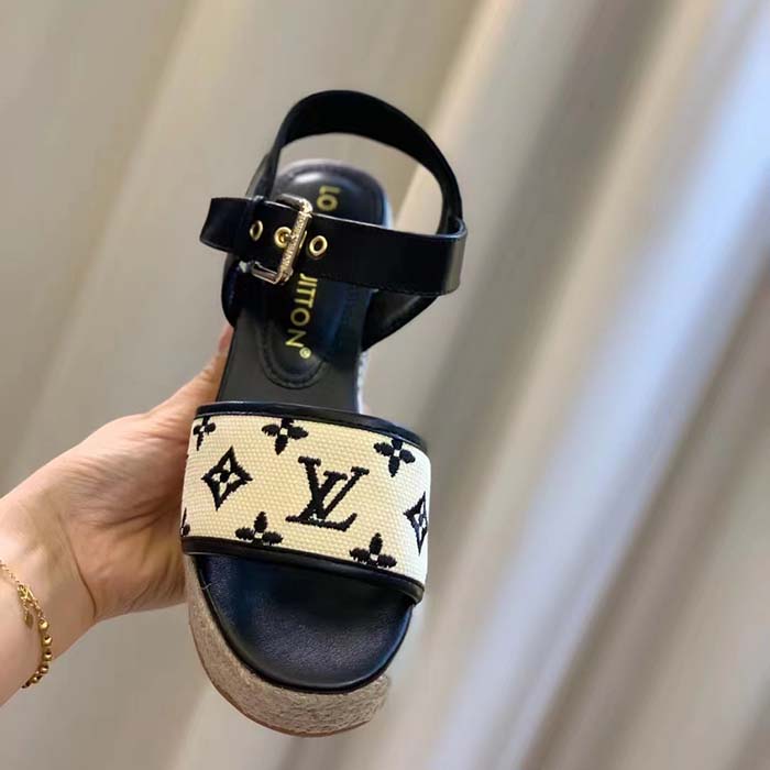 Louis Vuitton LV Women Starboard Wedge Sandal Black Monogram-Embroidered Cotton Rope Sole