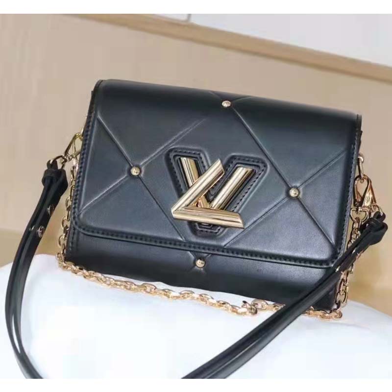 Louis Vuitton LV Women Twist MM Handbag Black Lambskin Calfskin Leather