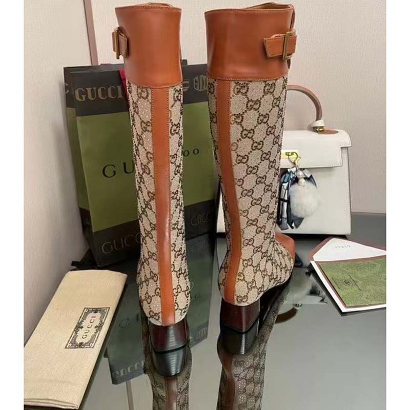 Gucci Blondie Women’s Boot Crystals Beige Ebony GG Canvas Low 5 Cm Heel