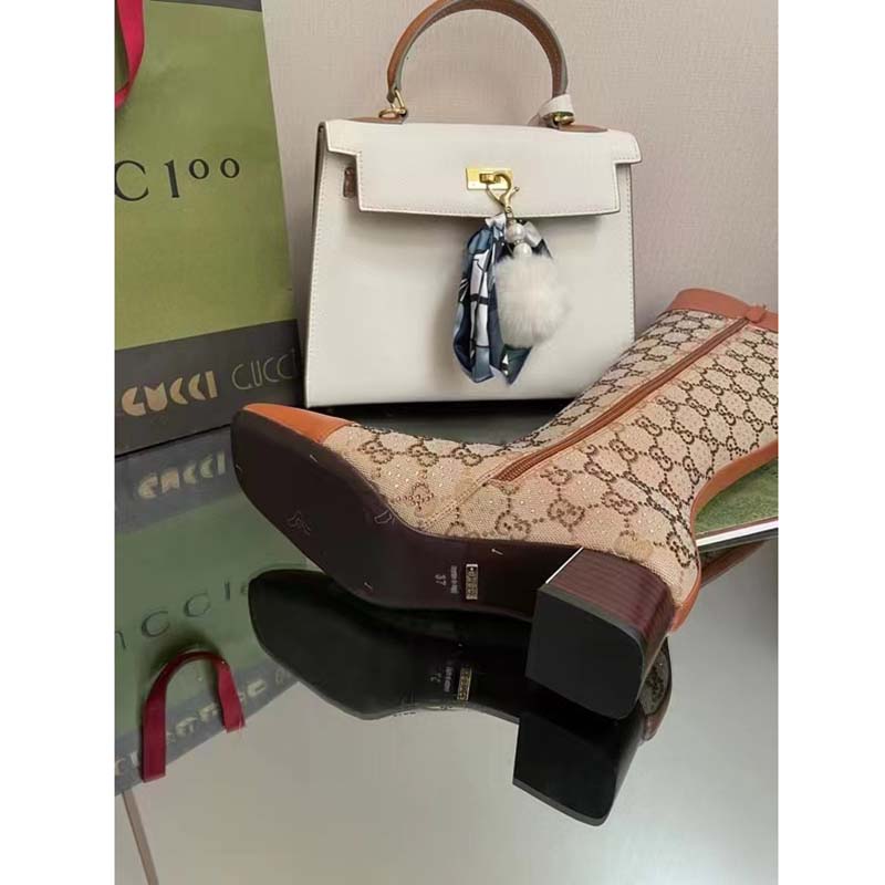 Gucci Blondie Women’s Boot Crystals Beige Ebony GG Canvas Low 5 Cm Heel