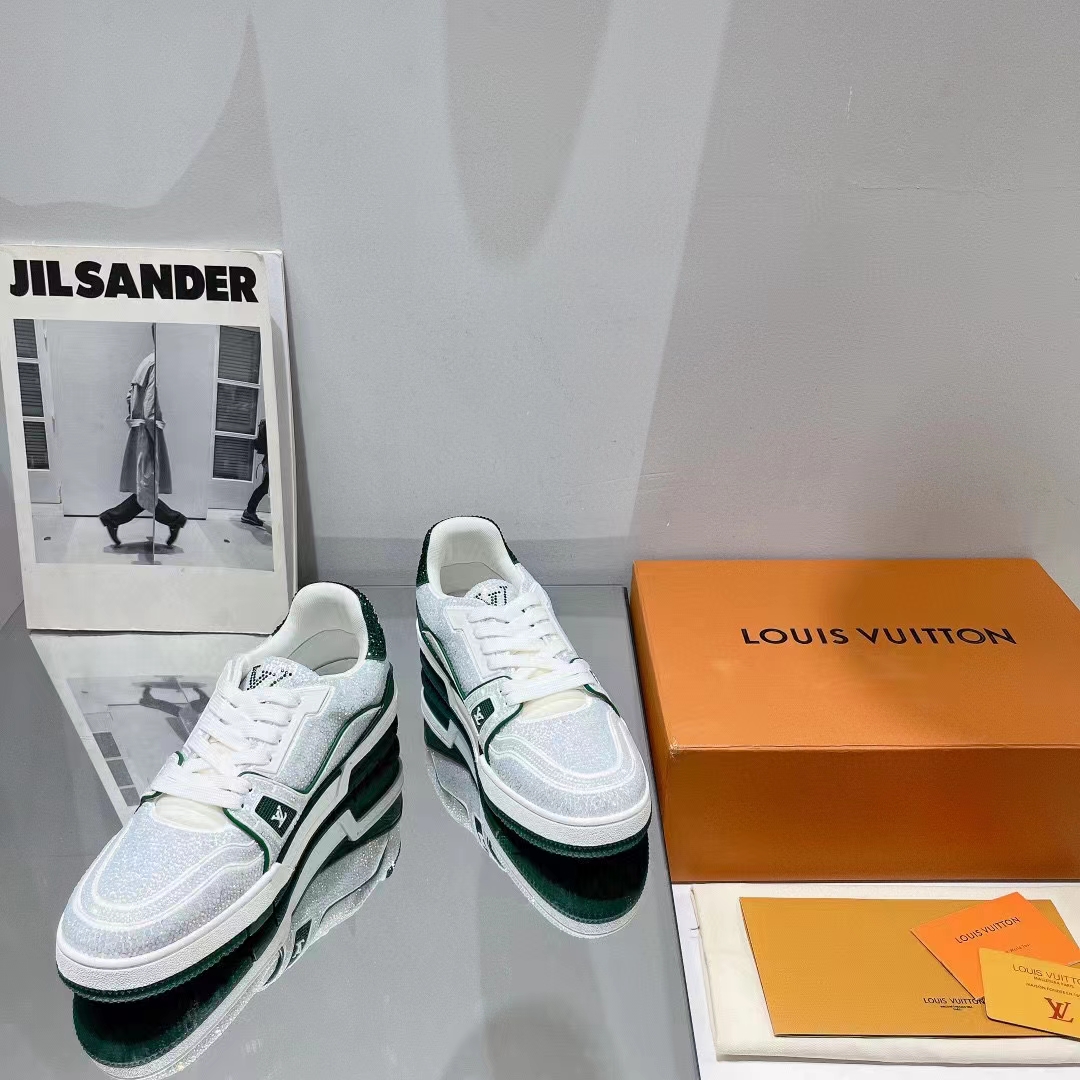 Louis Vuitton Unisex Trainer Sneaker Green Strass Rubber Outsole LV Initials Monogram Flowers