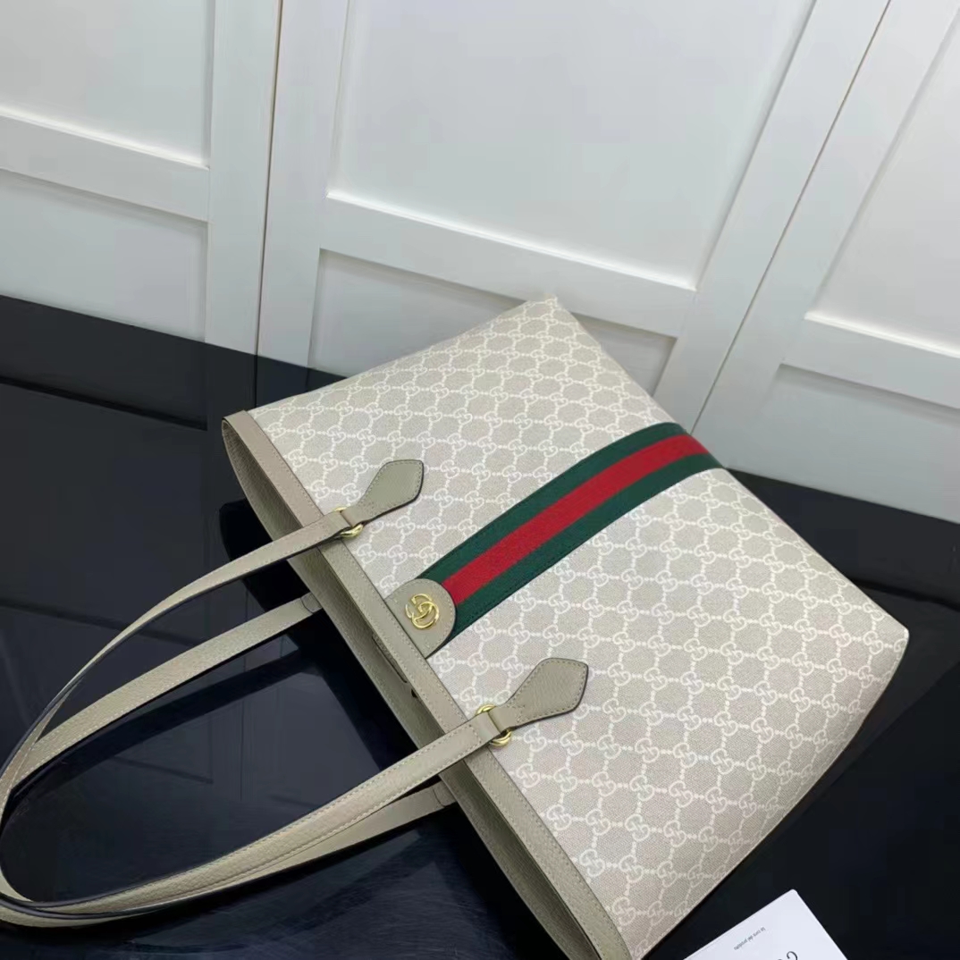 Gucci GG Women Ophidia Medium GG Tote Beige White Supreme Canvas