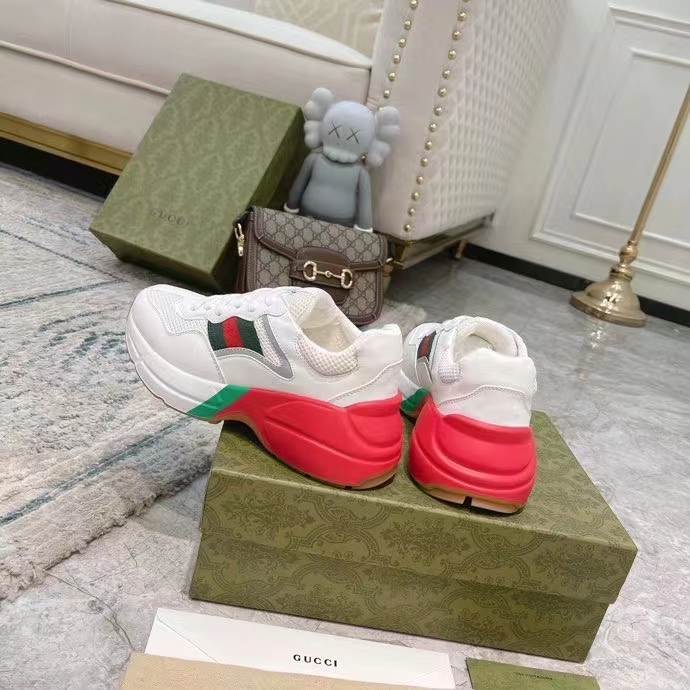 Gucci Unisex GG Rhyton Sneaker White Leather Mesh Rubber Sole Low Heel