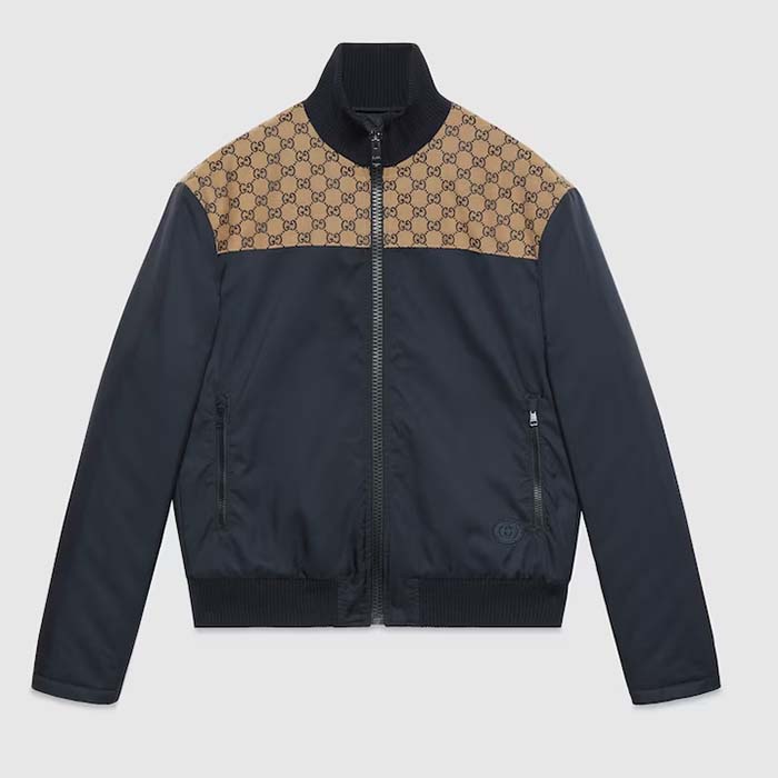 Gucci Women GG Nylon Canvas Zip Jacket Dark Blue Interlocking G Embroidered High Neck