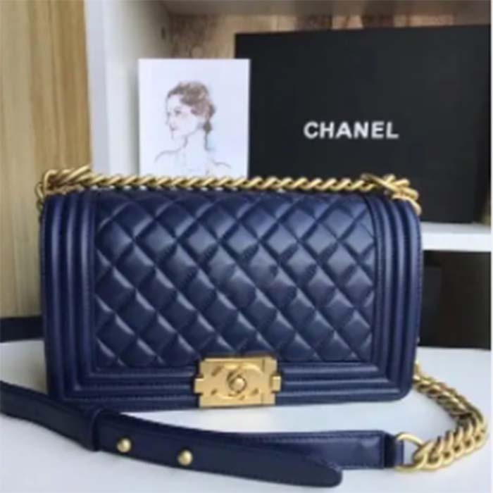 Chanel Women CC Boy Flap Handbag Chevron Quilted Calfskin Leather Navy Blue