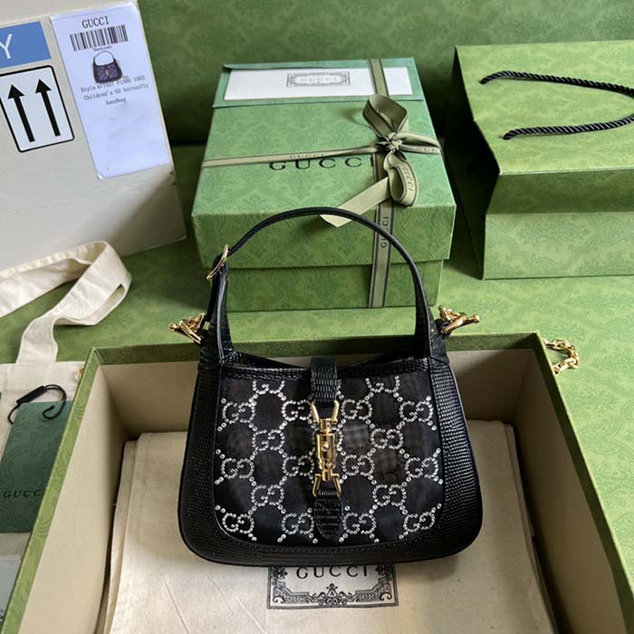 Gucci Women GG Jackie 1961 Mini Crystal GG Lizard Bag Black Mesh