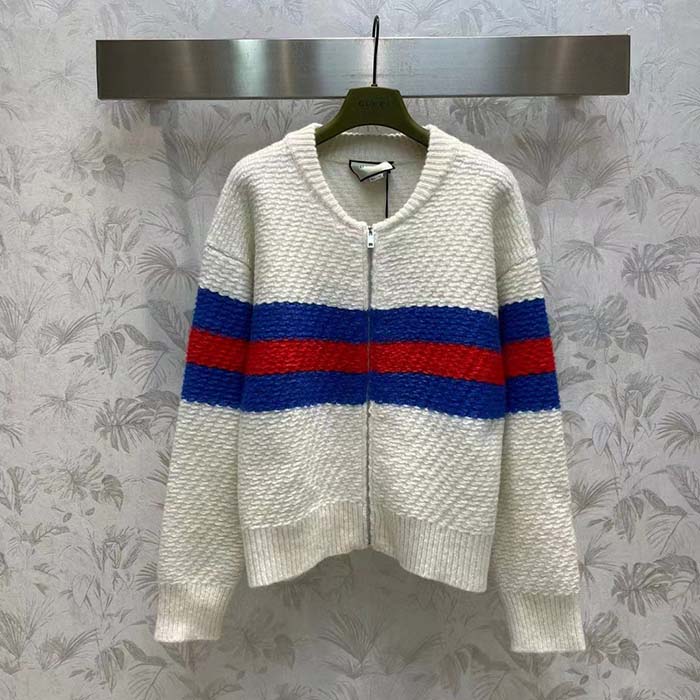 Gucci Women GG Wool Mohair Cardigan Web Knitted Collar Dropped Shoulder Long Sleeves