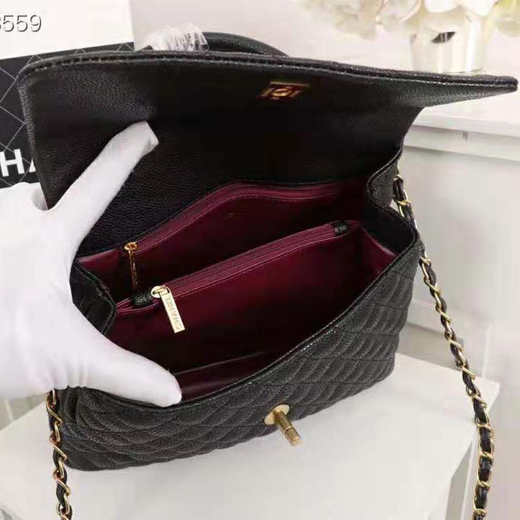 Chanel Women Large Flap Bag with Top Handle in Grained Calfskin Leather-Black