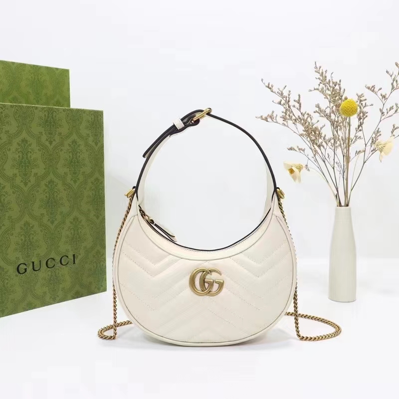 Gucci Women GG Marmont Half-Moon-Shaped Mini Bag White Matelassé Chevron