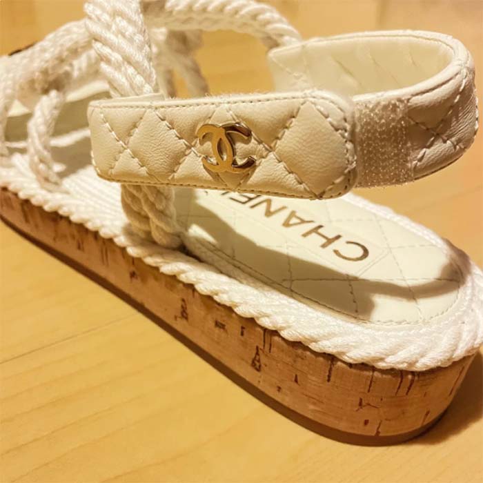 Chanel Women CC Cotton Tweed White Sandals Calfskin Leather Cotton 1 CM Heel