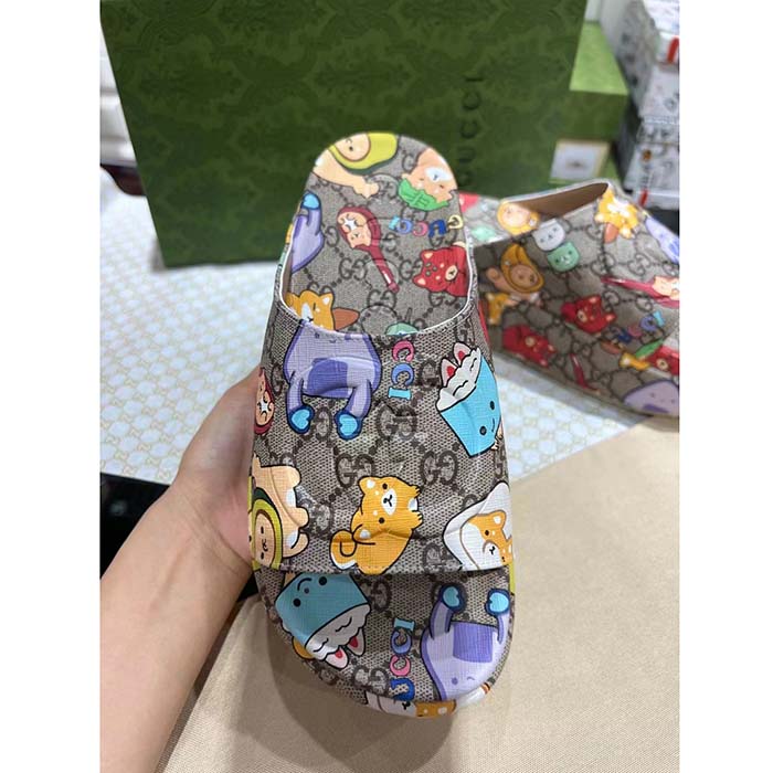 Gucci Unisex GG Animal Print Rubber Slide Sandal Beige Embossed Interlocking G Low Heel