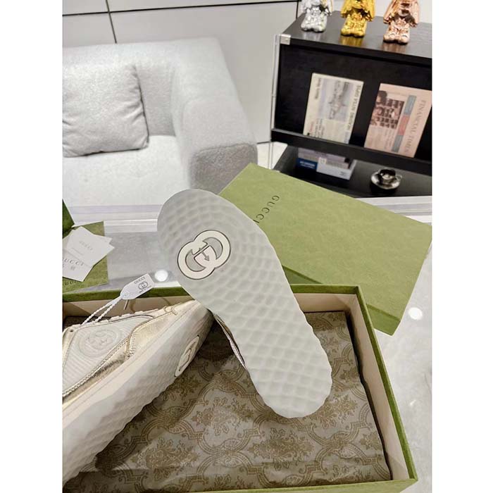 Gucci Unisex GG MAC80 Sneaker Metallic Gold Leather Interlocking G Embroidery Round Toe Rubber Flat